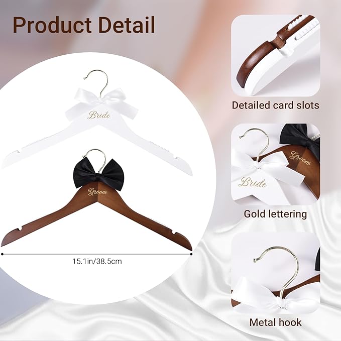2 Pack Wedding Hangers, Bridal Hanger, Bride Hanger, Wooden Bride and Groom Wedding Dress Hangers with Attached Bow Tie, Bridal Shower Gifts, Bridal Tuxedo Suit Wedding Gift for Couples