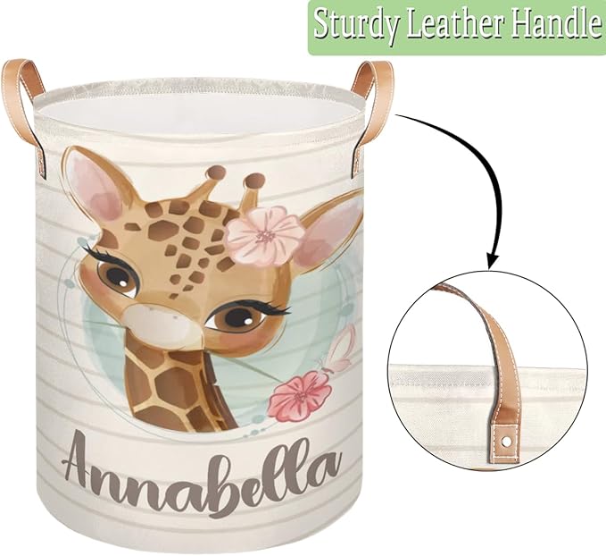 Personalized Laundry Basket, Custom Gift Laundry Hamper, Collapsible Nursery Waterproof Laundry Baskets, Dirty Clothes Toy Hamper with Handles Cute Griaffe