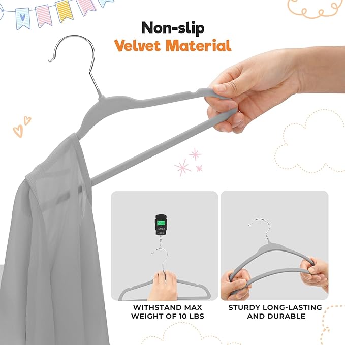 Velvet Baby Hangers with 10x Clips and 8X Dividers (30 Pack) | 11” Ultra-Slim Baby Clothes Hangers | Non-Slip Felt | Space-Saving Nursery & Infant Closet Organizer | Gray