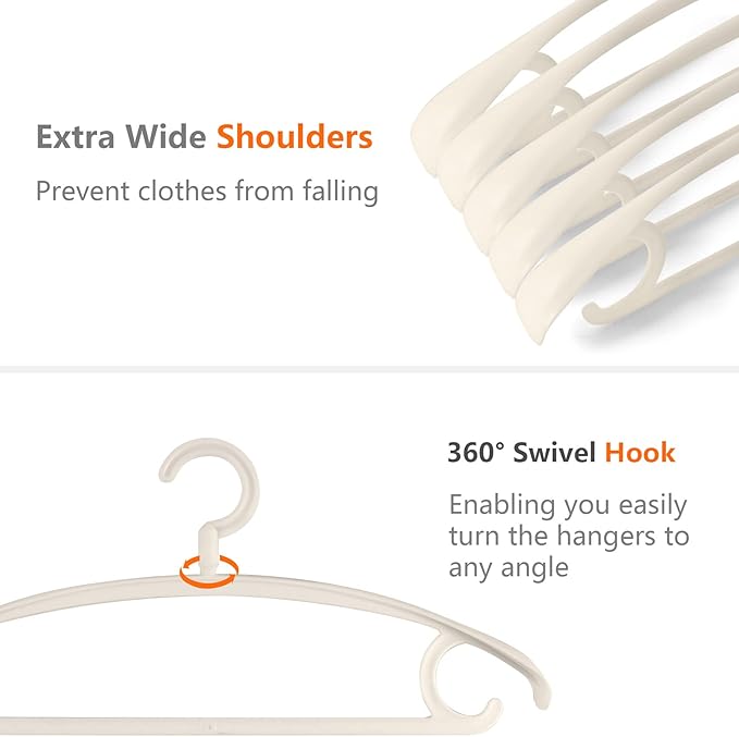 DEDU Plastic Clothes Hangers 36 Pack, Extra Thick Wide Shoulder Coat Hangers with 360° Swivel Hook Non Slip, Sweater Hangers Suit Hanger for Suits, Sweater, Dresses, Pants (Beige)