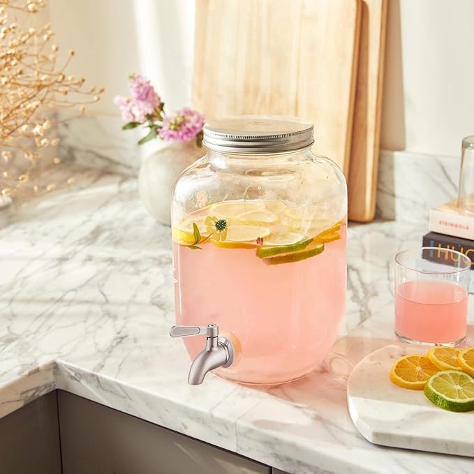 Le’raze 1 Gallon Glass Water Dispenser with Stainless Steel Spigot + Marker & Chalkboard, & Ice Cylinder - 100% Leakproof Beverage Mason Jar Drink Dispenser Gallon Jug - Laundry Detergent Holder.