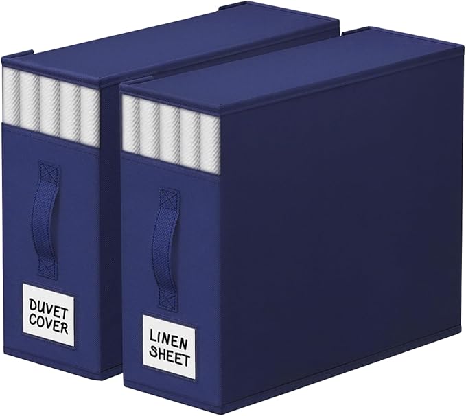 2 Pack Bed Sheet Closet Organizers and Storage,Sturdy Foldable Storage Containers with Window and Label,Storage and Organization for Bedding Sheets,Duvet Covers,Blankets (Blue)