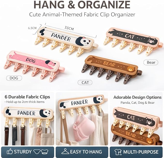 FOLAI 4-Pack Portable Fabric Products Travel Hangers Foldable Suitcase Clothespin Small Clothes pin Rack with 6 Clips（Animal-Themed）