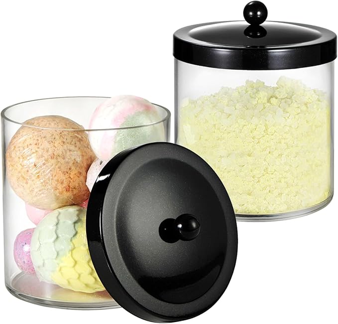 3 Pack 50 Oz Large Plastic Apothecary Jar with Black Stainless Steel Lid - Shatterproof Laundry Pods Container - Modern Industrial Bathroom & Kitchen Storage Organizer for Scent Beads, Bath Bombs