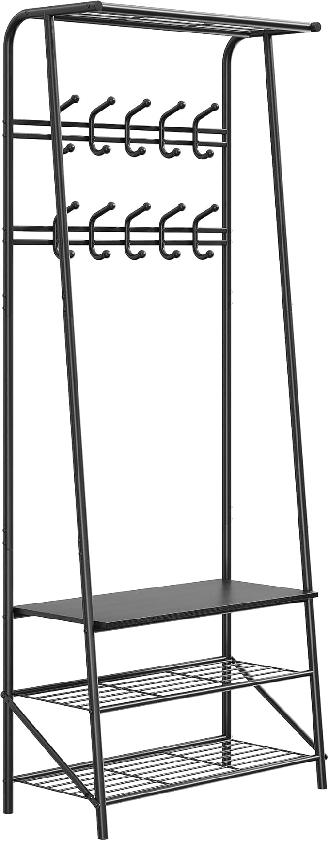 Coat Rack Shoe Bench with Double-Row 10 Hooks 60cm Width, 3-Tier Shelf Entryway Hall Tree with Storage, Metal Frame Multifunctional Organizer, 4-in-1 Coat Rack for Bathroom, Hallway.Black.