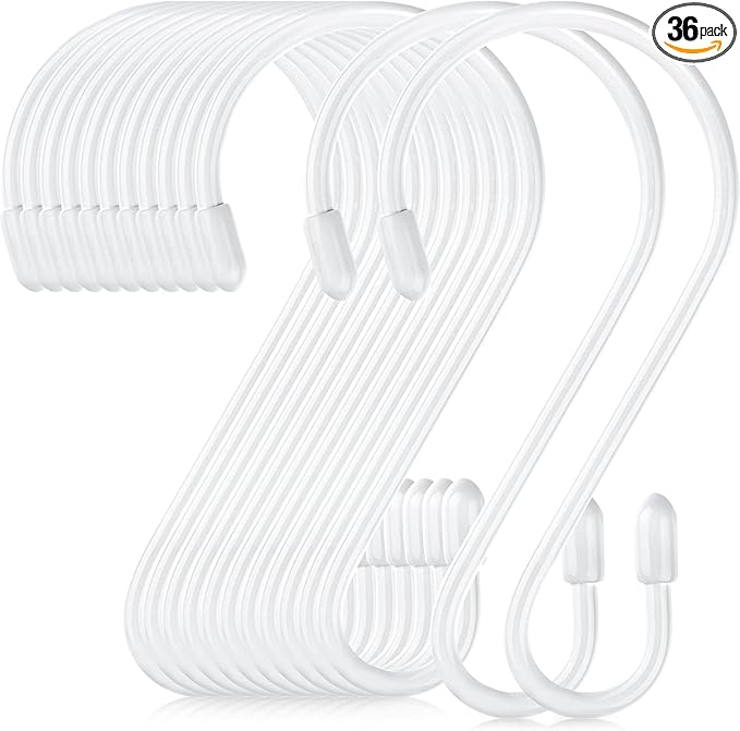 Hotop 36 Pcs S Hooks for Hanging 3.15 Inch Heavy Duty S Shaped Stainless Steel Hook Metal Hanging Curtain Hooks Pan Pot Holder Rack for Pot, Pan, Cups, Plants, Bags, Jeans, Towels(White)