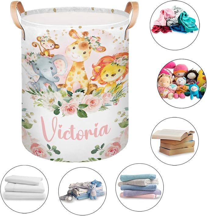Personalized Laundry Basket, Custom Gift Laundry Hamper, Collapsible Nursery Waterproof Laundry Baskets, Dirty Clothes Toy Hamper with Handles Safari Animals Pink Floral
