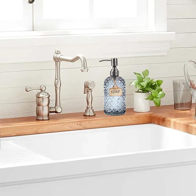 Bathroom & Kitchen Glass Hand and Dish Soap Dispenser with 304 Rustproof Stainless Steel Pump (Grey)