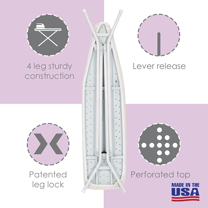 Full Size Ironing Board Made in USA – Beige by Seymour Home Products 4 Heavy-Duty Steel Legs Perforated Top for Steam Includes Cover & Pad Sturdy, Foldable Iron Board for Home & Laundry