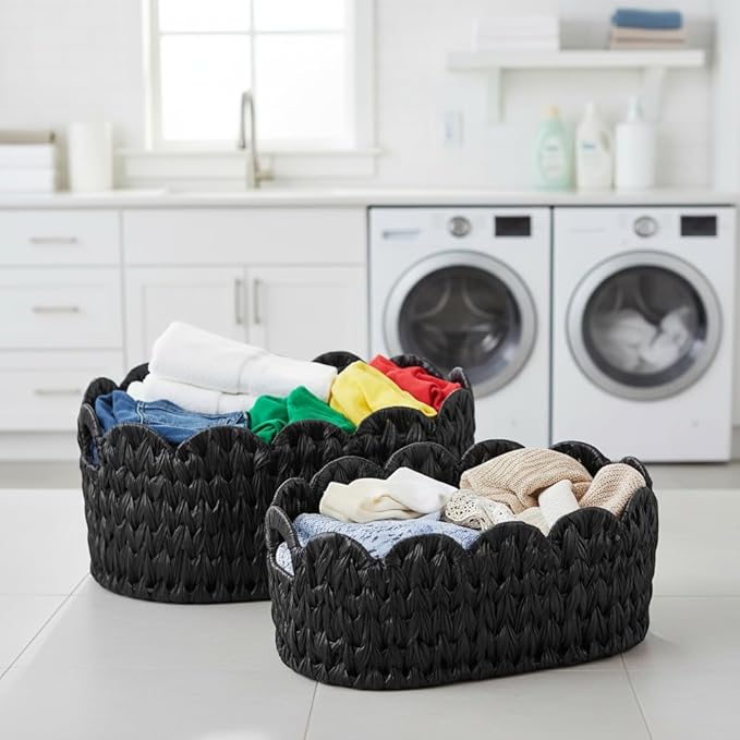 Wicker Scalloped Basket Set of 2,Woven Storage Baskets for Shelves,Closet,Laundry,Gift,Towels,Books,Toys,Waterproof Decor Basket for Organizing,Black Oval