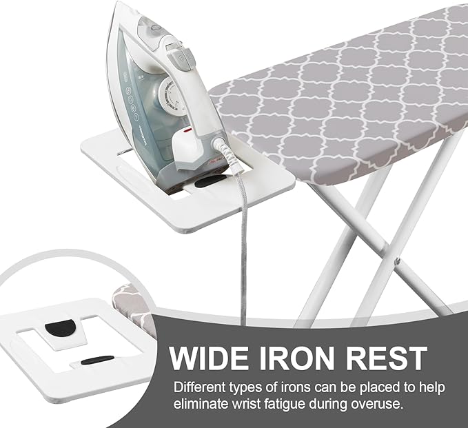 Ironing Board,Foldable Ironing Board Adjustable Height Compact Iron Board Thick Steel Tube Iron Board with Holder,Replacing Cloth Cover and Mini Handheld Gloves,Gift for Women(Grey Texture)