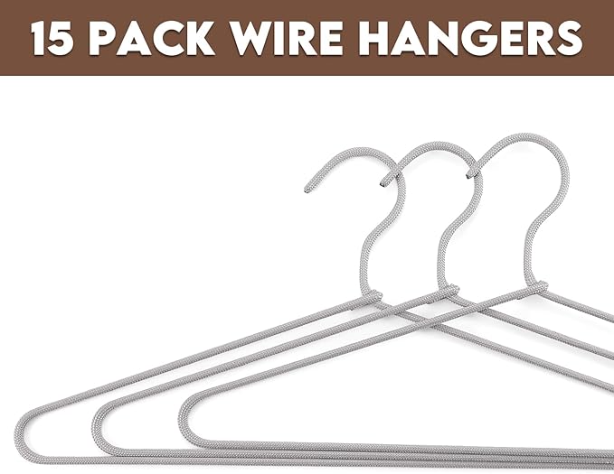15 Pcs Fabric Wrapped Metal Hangers Covered Wire Hanger Metal Coat Hangers Non Slip for Clothes Closet Clothing Suit Shirt Pant (Gray)