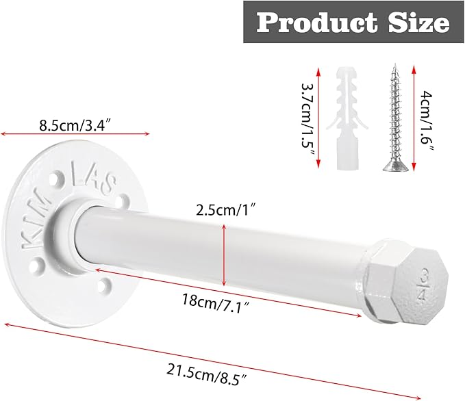 Sumnacon 2 Pcs 8 Inch Industrial Pipe Clothes Bar - Heavy Duty Rustic Metal Coat Hanger with Screws,Wall-Mounted Garment Holder Rack for Bedroom Bathroom Wardrobe Boutique Clothing Store, White