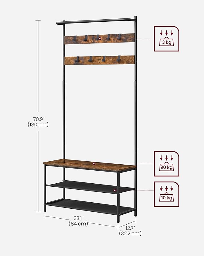 VASAGLE Hall Tree with Bench and Shoe Storage, Entryway Bench with Coat Rack Stand and Shoe Rack, 9 Movable Hooks, Top Bar, Fabric Shelves, Industrial, Rustic Brown and Black UHSR421B01