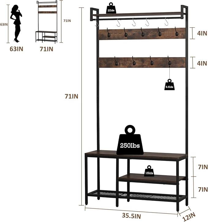 Corner Coat Rack, Corner Hall Tree with Bench and Shoe Storage, Industrial coat rack with storage and 14 Hooks for Entryway Hallway Bedroom (Hall Tree Entryway)