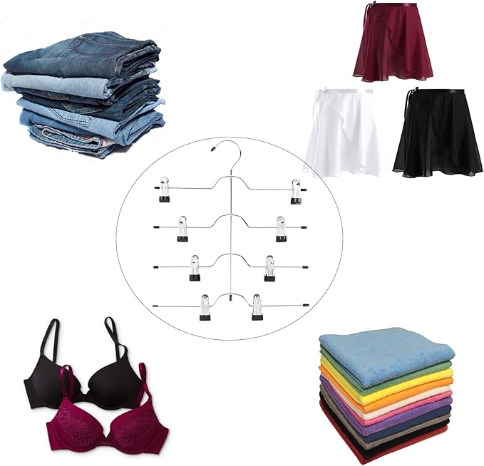 4 Tier Skirt Hangers with Adjustable Clips Space Saving Closet Organizer for Skirts, Slacks, Jeans, Towels (3 Pieces)