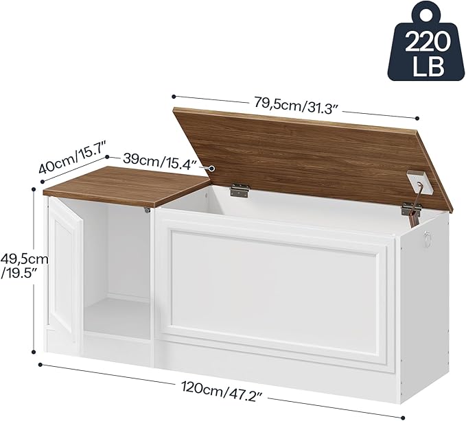 HOOBRO Storage Bench, 47.2" Wooden Toy Box, Toy Chest with Safety Hinge, Farmhouse-Style Storage Chest, Entryway Bench, for Living Room, Bedroom, Hallway, White and Walnut WH54CW01