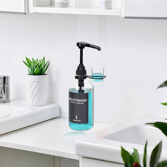 Clear Glass Mouthwash Dispenser with Black Cup Holder and Pump, 16 Oz Rustic Boho Mouthwash Dispenser for Bathroom Farmhouse Decor - 1 Pack