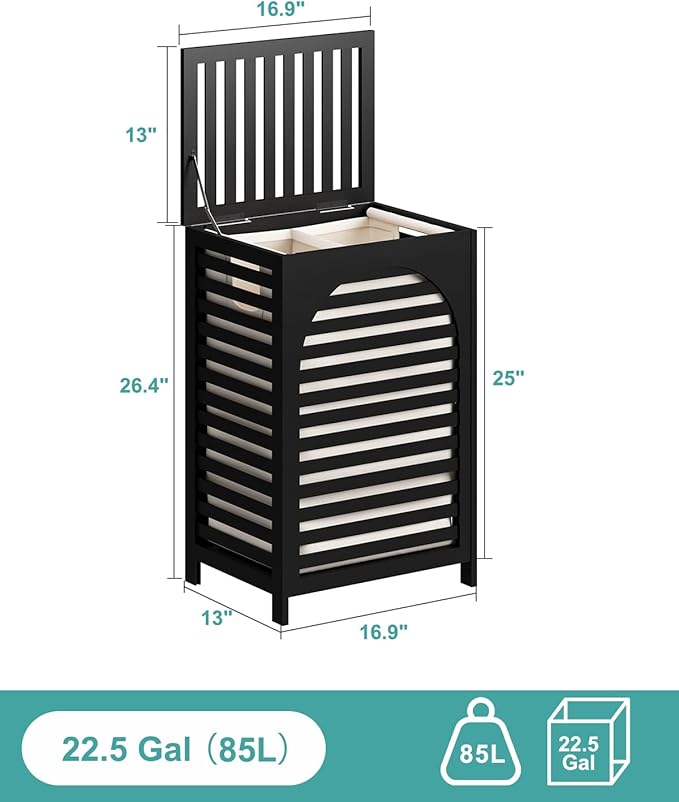 Laundry Hamper, 22.5 Gallon (85L) Bamboo Wood Clothes Laundry Basket with Lid and Handles, Removable Liner (Black, Large)