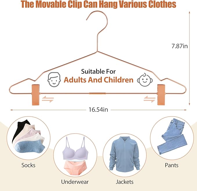 VWV Premium Hanger - 20-Pack Metal Hangers - with Adjustable Clips for Adults and Children's Clothes, Heavy Duty Hangers（Copper）