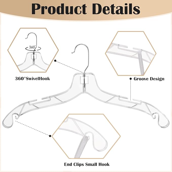 12 Pack Clear Plastic Hangers,Shirt Hanger Clear Hangers with 360 Swivel Metal Hook,Heavy Duty Dress Hangers Coat Hangers for Clothes Shirts Dresses,16.7 Inch