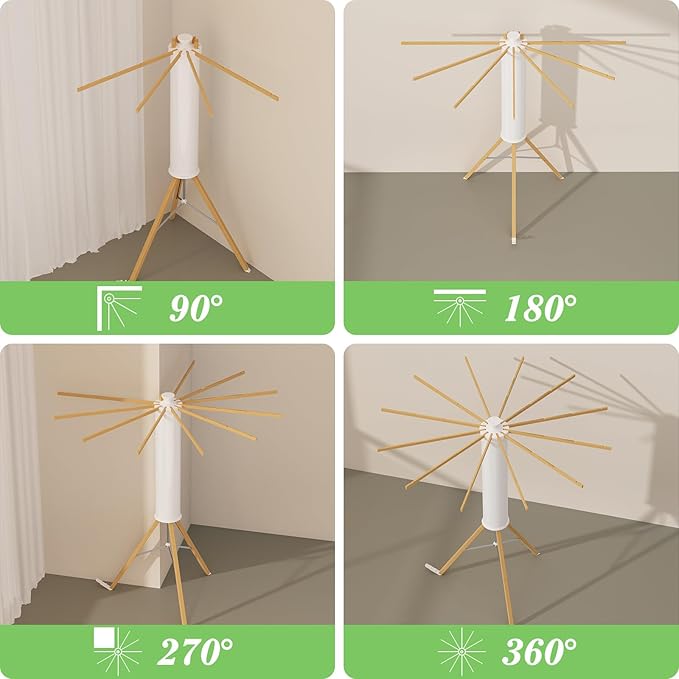 Dr.DJ Tripod Drying Rack Portable, Foldable Drying Rack Clothing with 12 Wood Drying Arms, Standing Laundry Hanger Rack Round Collapsible & Portable Handle for Laundry Room, Balcony, Bedroom, RV