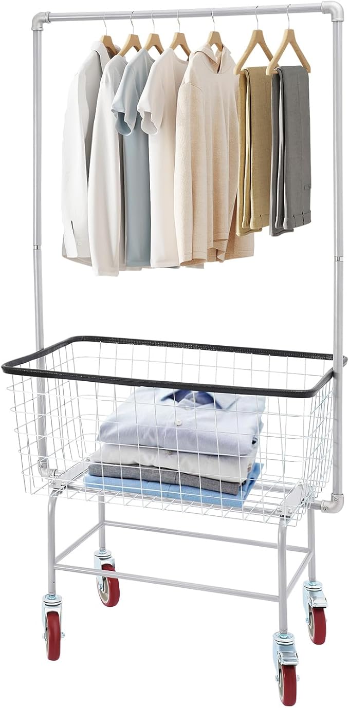 Rolling Laundry Bakset, 27 * 22 * 67Inch Heavy Duty Steel Wire Laundry Cart with Double Pole Rack Rectangular Laundry Hamper Butler Cart with Wheels for Laundries Transporting Clothes Towels