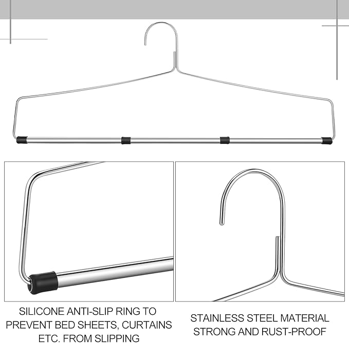 4 Pcs Bedspread Drapery Hangers 22 Inch Metal Linen Hanger Heavy Duty Blanket Tablecloth Hangers with Anti Slip Rubber Sleeve for Heavy Items, Silver