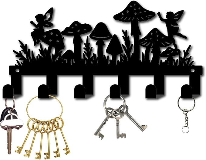 CREATCABIN Wall Decor Key Holder Black Metal Key Rack with 6 Hooks Fairy Mushroom Shaped Design Towel Clothes Hanger Organizer Wall Mounted Art Decor for Entryway Living Room Bathroom 10.6 x 5.1 Inch
