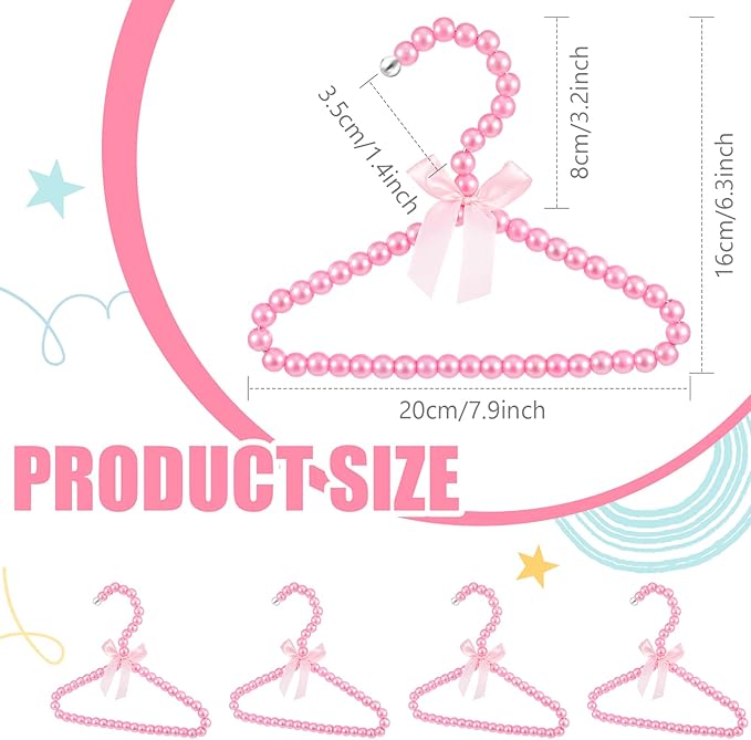 Wesiti 25 Pcs Small Pearl Hanger Mini Pearl Metal Elegant Clothes Hangers with Ribbon for Women Dog Cat (Pink)