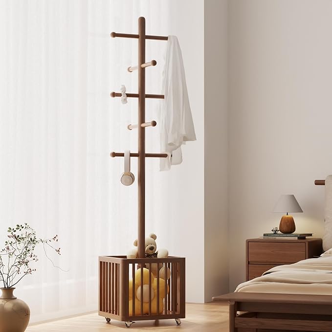 Solid Wood Coat Rack,standing coat rack with 10 Hook,Coat Rack for Freestanding,Bedroom,Living Room,Office,Hang Jackets,Bags,Clothes,Headphones(Walnuts)