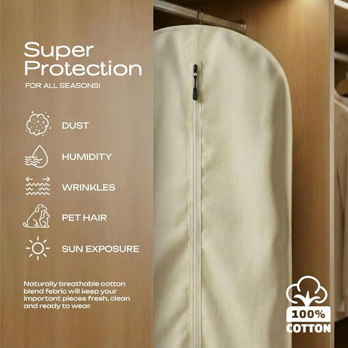 100% Cotton Garment Bag | Long | Breathable Garment Bags for Hanging Clothes | Garment Storage Bag for Long Dresses & Coats Storage | Pack of 1 (42 Inch)
