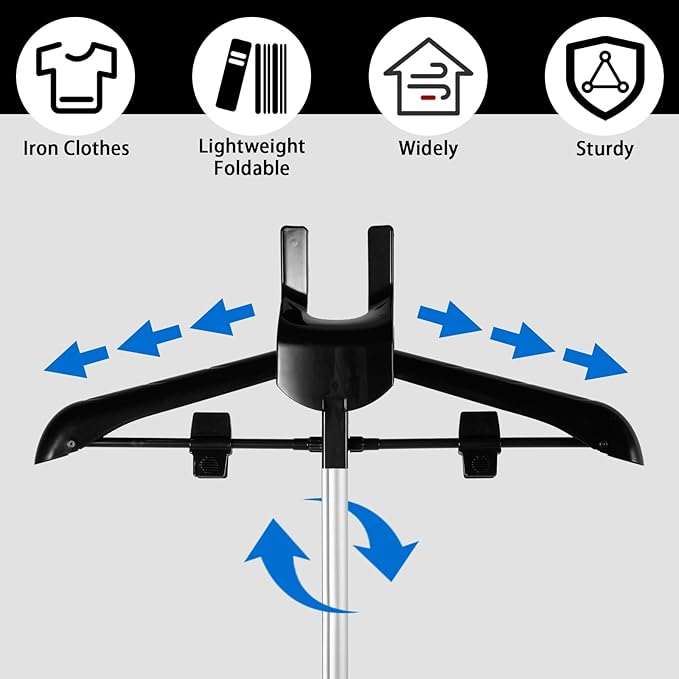 Steamer Hanger Stand, Handheld Garment Steamer Rack, Foldable Iron Steam Stand, Height Adjustable Standing Garment Hanger, 360 Degree Rotation Steamer Clothes Rack for Steaming Clothes, Black