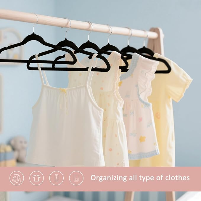 ManGotree 14 Inch Kids Velvet Hangers for Closet, Ultra-Thin Space Saving Children's Clothes Hangers, Non-Slip Felt Toddler Hanger for Youth's Clothes (66 Pack, Black)