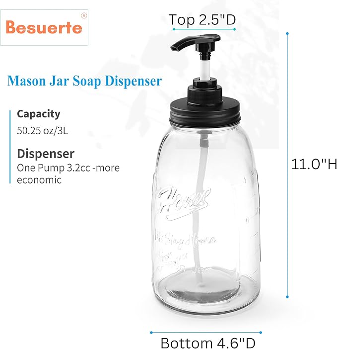 Glass Laundry Detergent Dispenser, Besuerte Set of 2 Laundry Detergent Containers, Refillable & Reusable 50oz Mason Jar Style Glass Soap Dispenser with Pump and Hanging Tags