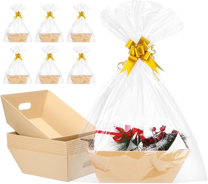 AFOROEOA 10PACK Baskets For Gifts Empty, 10x12”Thick Kraft Gift Basket with 10 Bows 10 Bags Empty Gift Baskets for Christmas, Valentine’s Day, Easter, Birthdays, Snacks, Farmers Market