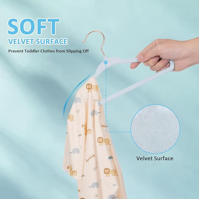 Baby Hangers 50 Pack - 11 Inch Premium Velvet Non Slip Kids Hanger for Infant & Toddler Clothes - 0.2" Ultra Thin Baby Closet Hangers with 10 Hanger Clips - Blue