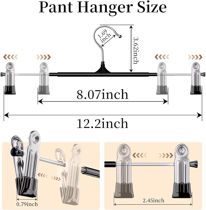 Pants Hangers with Clips 30 Pack Adjustable Non-Slip Heavy Duty Skirt Hangers, Space Saving Clothes Hangers for Jeans, Trousers, Shorts, Slacks, Dresses - 12 Inch, Green