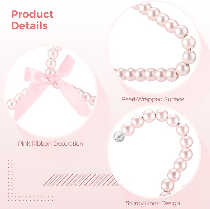 Pink 12 Pcs Pearl Beaded Clothes Hanger Mini Pearl Beads Small Metal Clothes Hangers with Ribbon Standard for Kids Baby Children Pet Dog