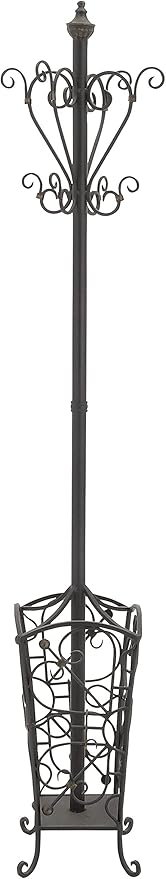 Deco 79 Metal Coat Rack Vintage Style with Scroll Designs, 11" x 11" x 74", Black