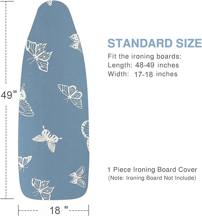 Ironing Board Cover and Pad 18x49, Extra Wide, Thick Padding, Elastic Edge, Silicone Coated, Resist Scorching, Heavy Duty Iron Board Covers (Butterfly, 18" x 49")