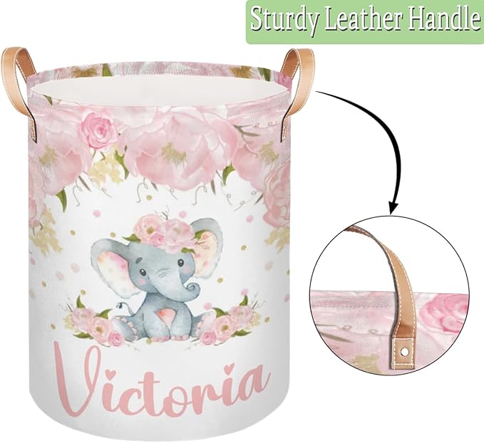 Personalized Laundry Basket, Custom Gift Laundry Hamper, Collapsible Nursery Waterproof Laundry Baskets, Dirty Clothes Toy Hamper with Handles Pink Floral Cute Elephant