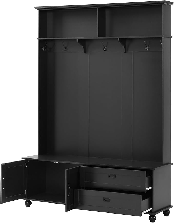 80.3” Tall Hall Tree with Cabinet and 2 Large Drawers, Modern Wooden Coat Hanger with 5 Coat Hooks and 2 Open Shelfs, Storage Bench, Entryway Bench (Black-Storage Cabinet)