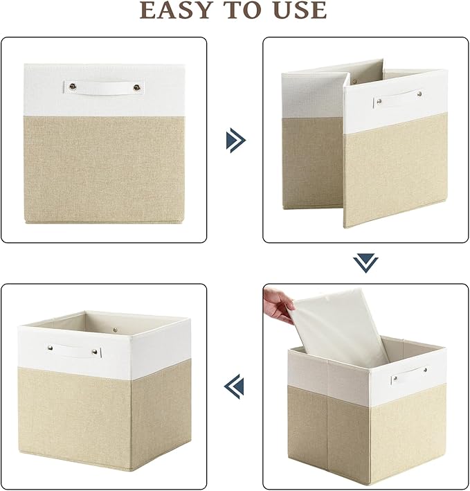 13 x 13 Inch Fine Linen Storage Bins with Handles，Fabric Cube Boxs，Basket Organizers for Shelves for Home, Closet Drawers (White/Khaki-6 Pack)