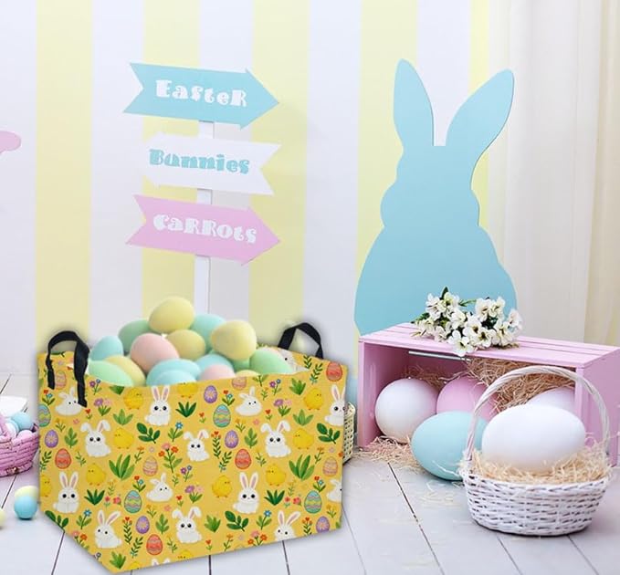 Easter Basket for Kids Gift Bunny Easter Basket Empty Baby Basket for Boys and Girls Cute Storage Basket Organizer Bin Box.(yellow eggs)