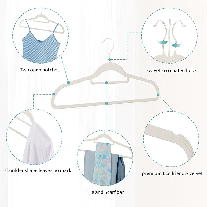 White Velvet Clothes Hangers 30 Pack - Non Slip Hangers, Ultra Slim Hangers, Space Saving Swivel White Hook, Suit, Top, Tie, Shirt, Skirt & Pant Felt Hangers, White Hangers