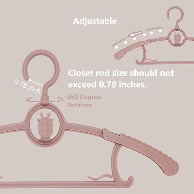 Baby Nursery Closet Hangers, 360° Swivel Hook Kids Hanger, Non-Slip Plastic Infant Hanger, 50pcs Nude Pink 11-14.5" Adjustable Baby Clothes Hangers for Girl Boy Toddler