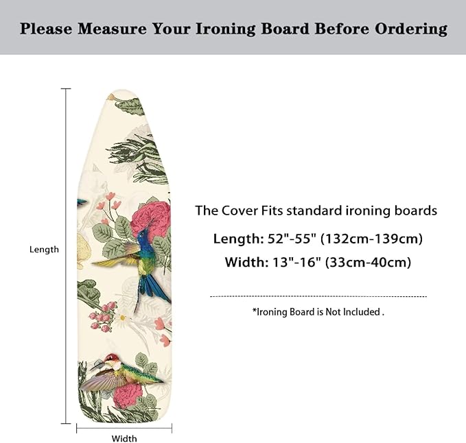 GLENLCWE Retro Hummingbird Ironing Board Cover Standard Sizes 15x54 Inch,Hummingbird Print Iron Board Cover Replacement with Elastic Edge and Hook and Loop