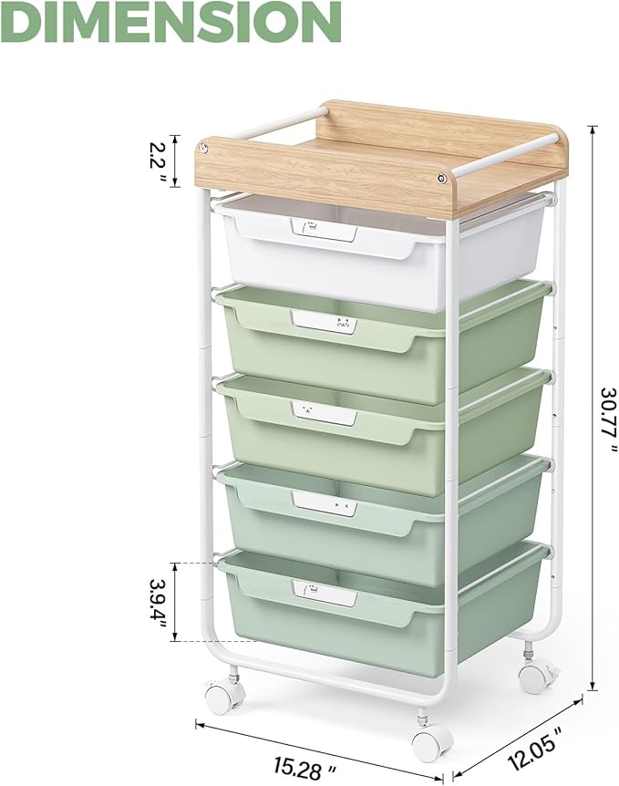 APEXCHASER Plastic Drawer Organizers with 5 Deep Drawers, Rolling Utility Cart with Wooden Top,Craft Storage Cart for Paperwork,Crafts,Snack,Kids’ Room,Nursery,Green