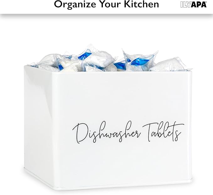 Ilyapa Dishwasher Pod Tablet Holder - Galvanized White Powder Coated Farmhouse Kitchen Storage Container, Farmhouse Durable Detergent Containers